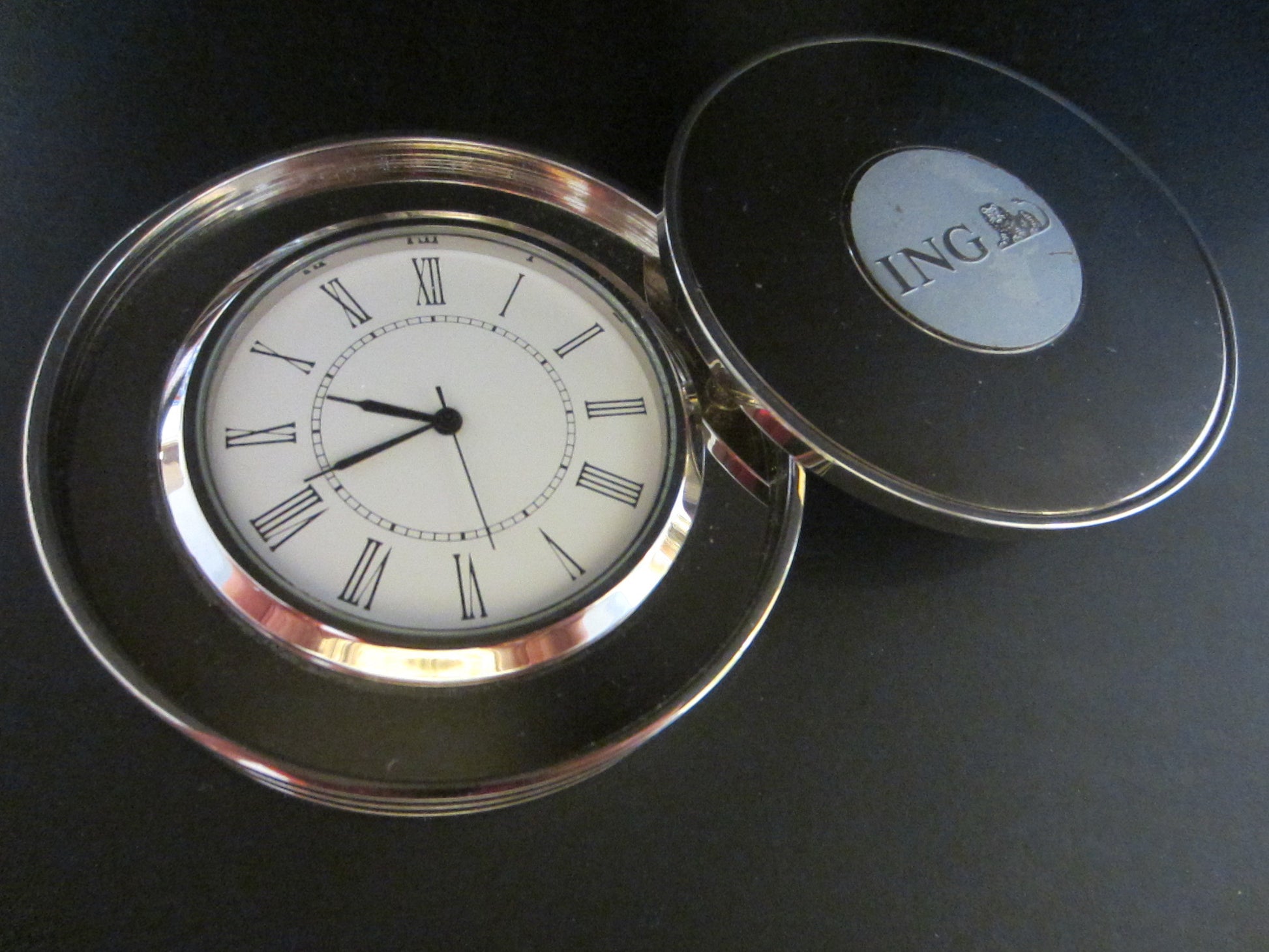 ING Quartz Chrome Clock Folding Disk Design - Designer Unique Finds 