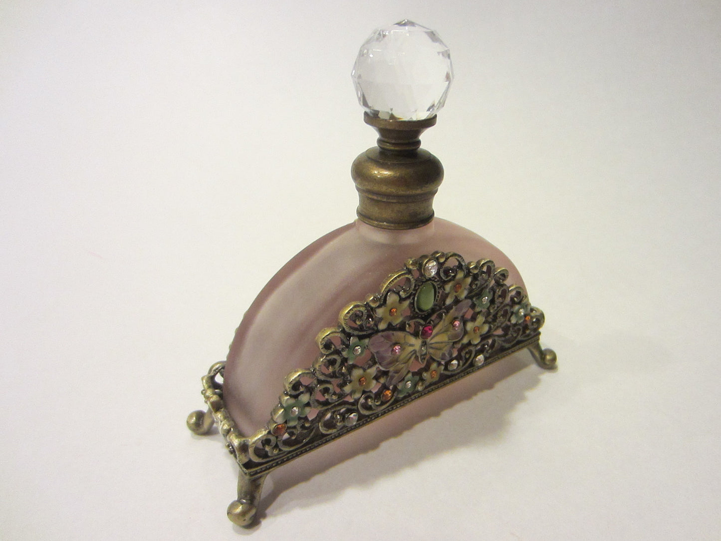 Lavender Glass Perfume Bottle Footed Jeweled Enameled Butterfly Flowers - Designer Unique Finds 