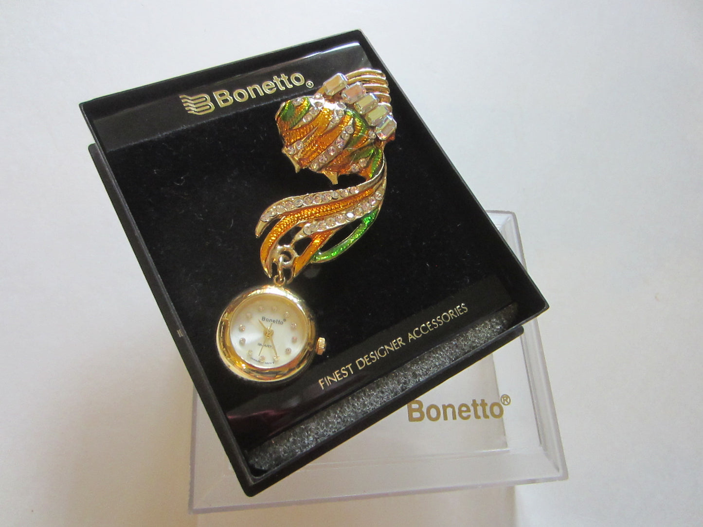 Bonetto Gold Fish Enameled Watch Brooch