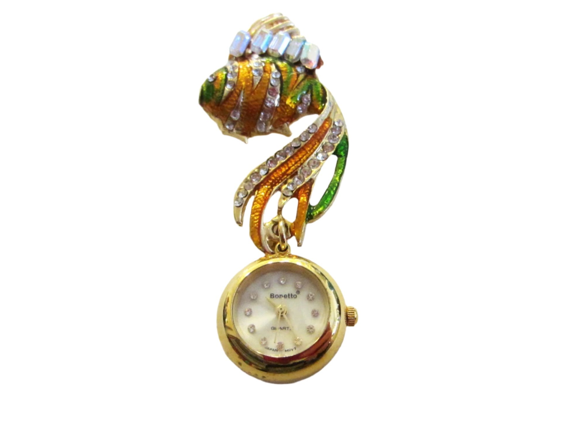 Bonetto Gold Fish Enameled Watch Brooch