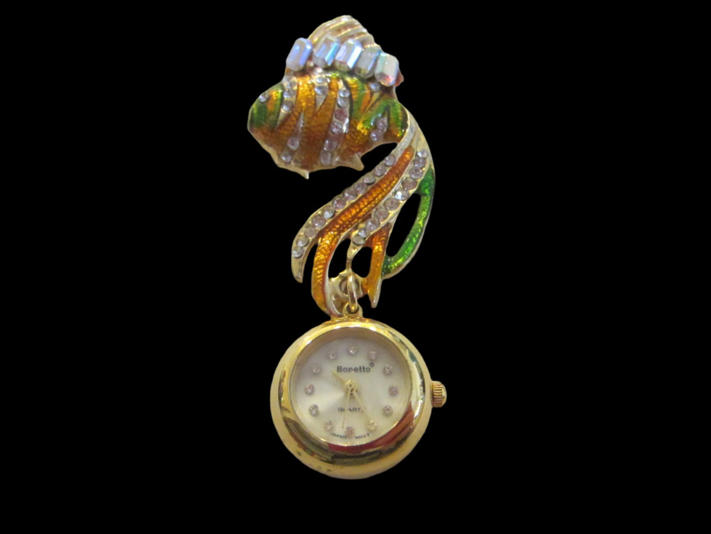 Bonetto Gold Fish Enameled Watch Brooch