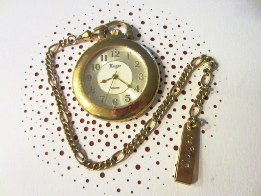 Luger Swiss Pocket Watch Golden Chain Fob Mid Century - Designer Unique Finds 