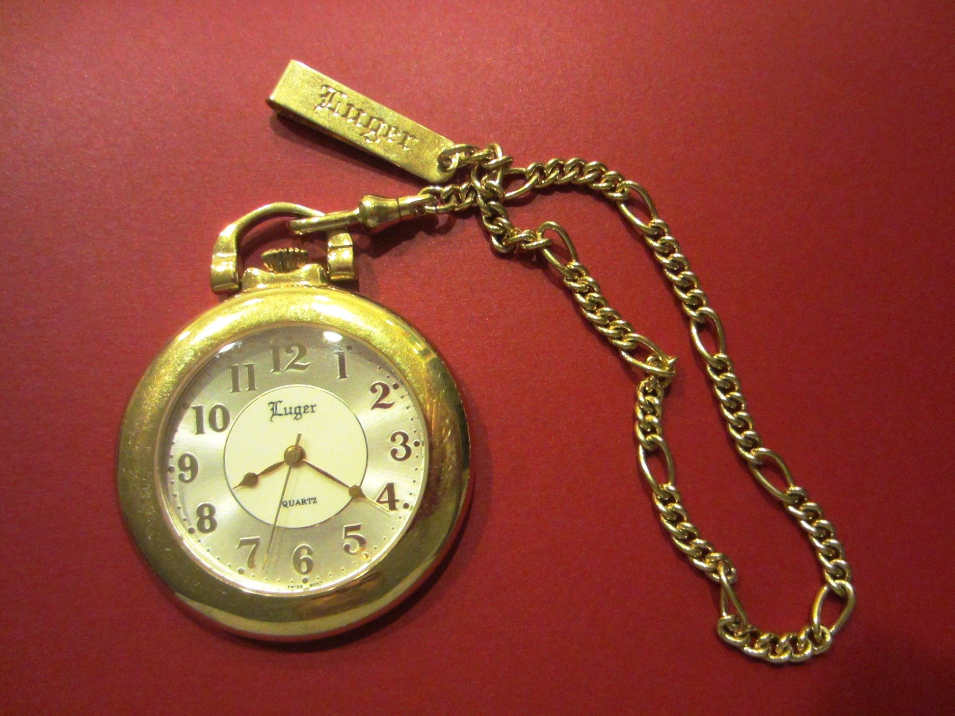 Luger Swiss Pocket Watch Golden Chain Fob Mid Century - Designer Unique Finds 