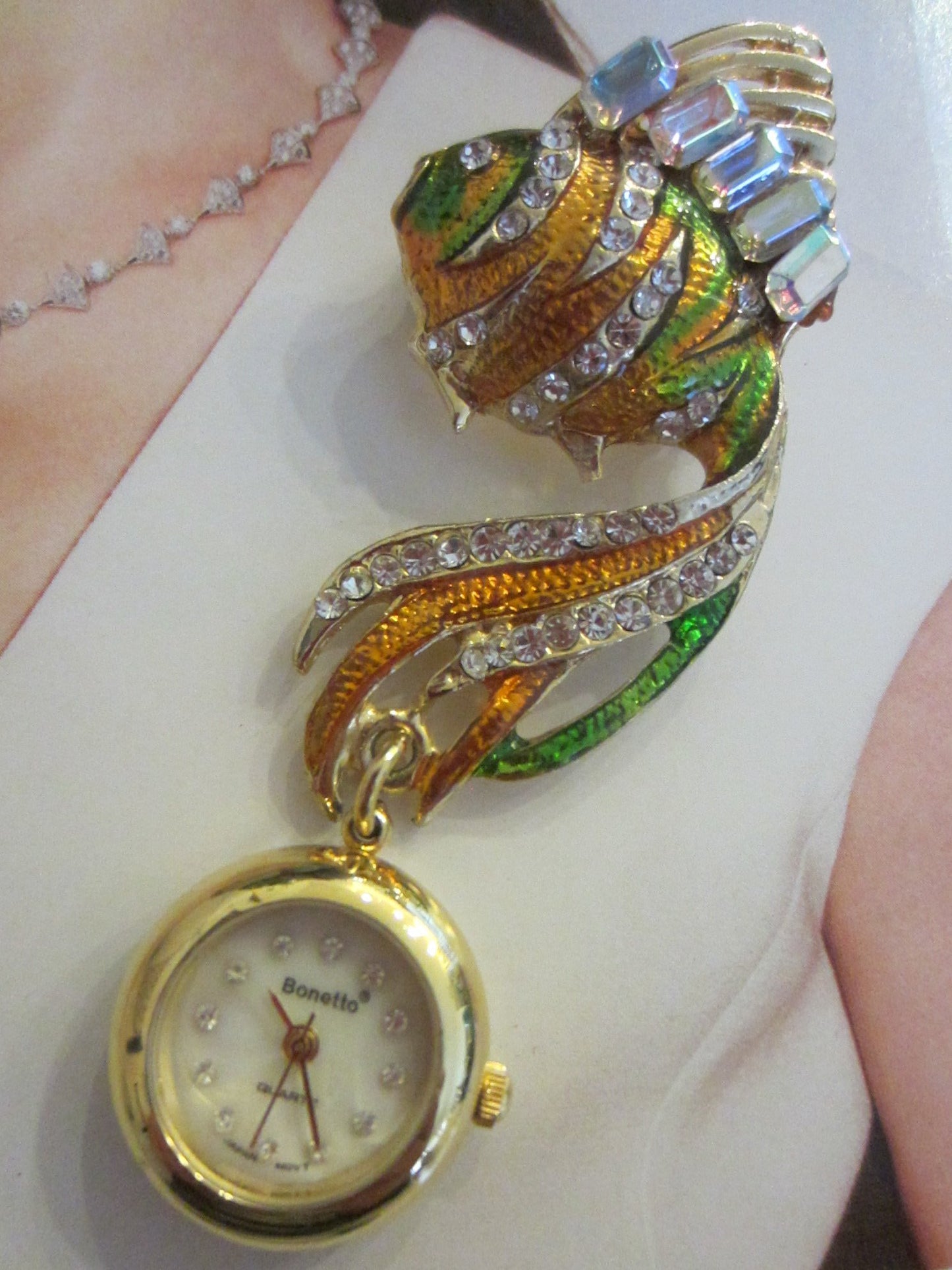 Bonetto Gold Fish Enameled Watch Brooch