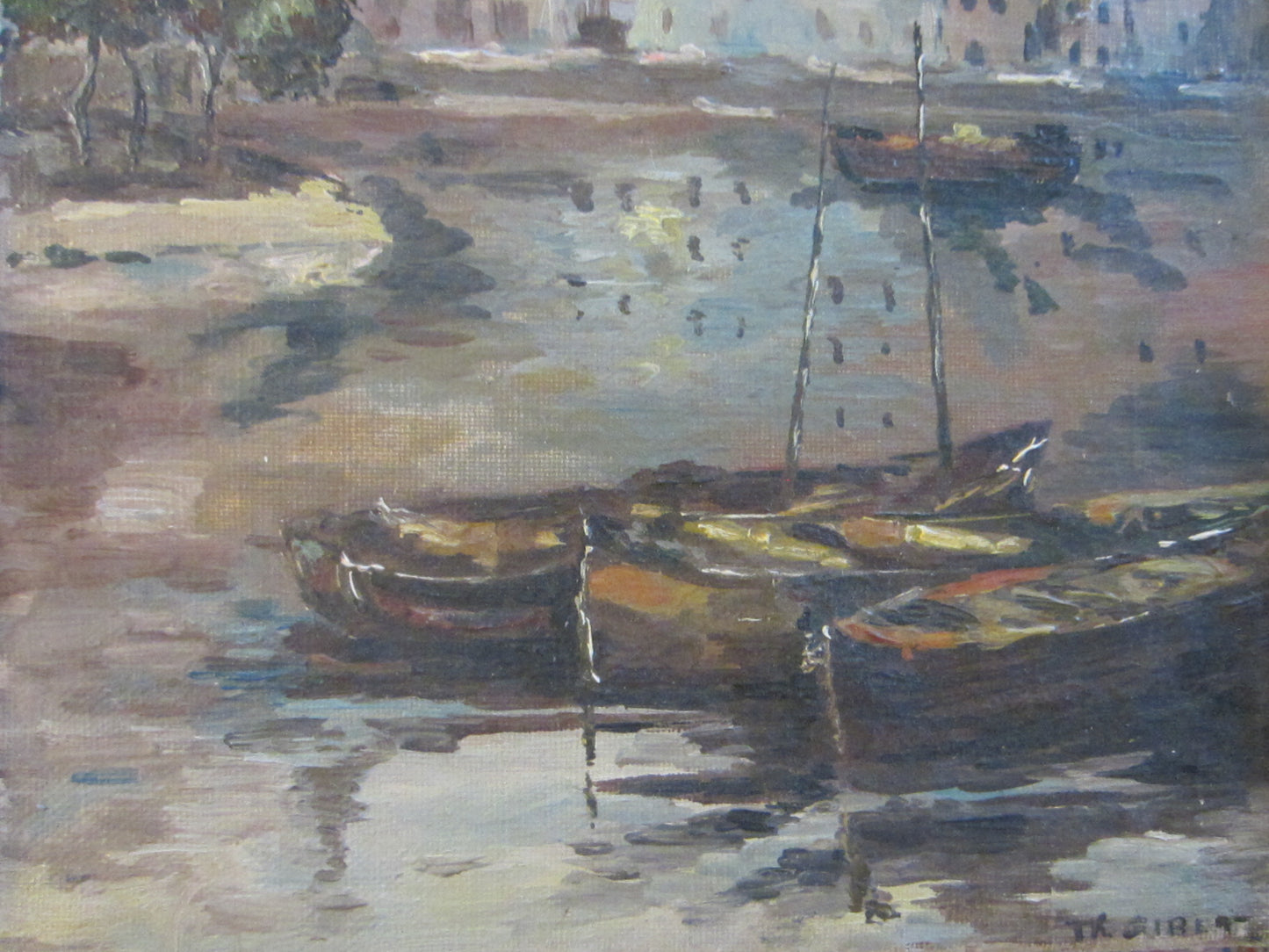 Fine Art European Harbor Boats Shore Marine Oil on Canvas Signed TKGIBET - Designer Unique Finds 