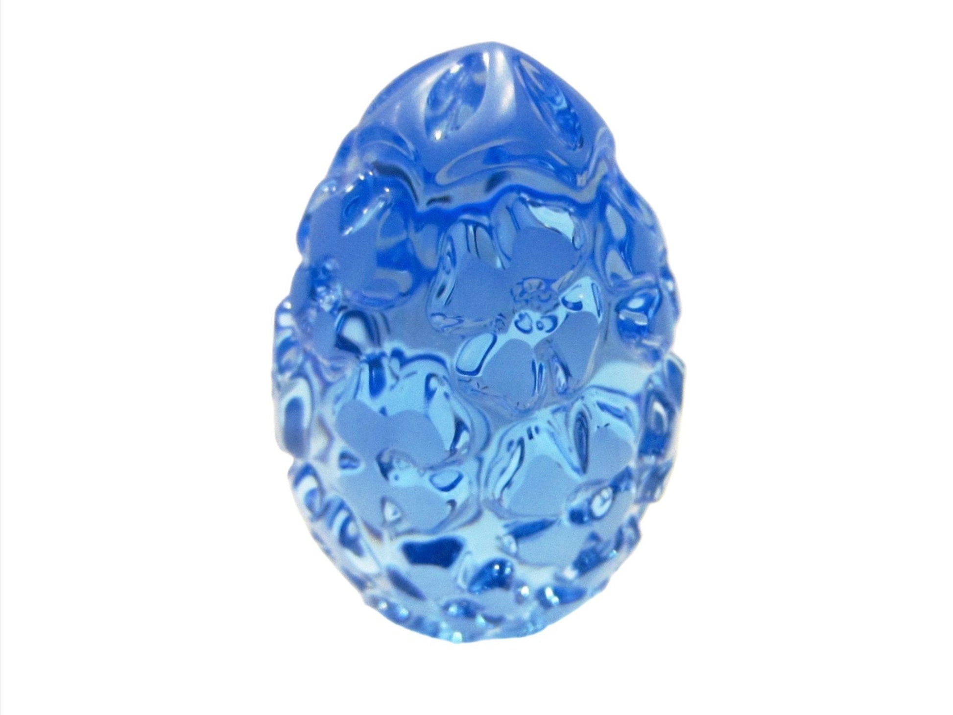 Blue Glass Egg Paperweight Blooming Carved Flowers - Designer Unique Finds 