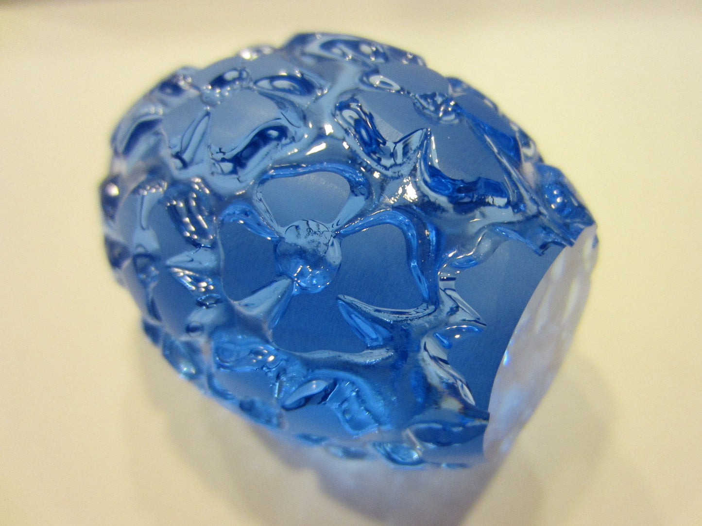 Blue Glass Egg Paperweight Blooming Carved Flowers - Designer Unique Finds 