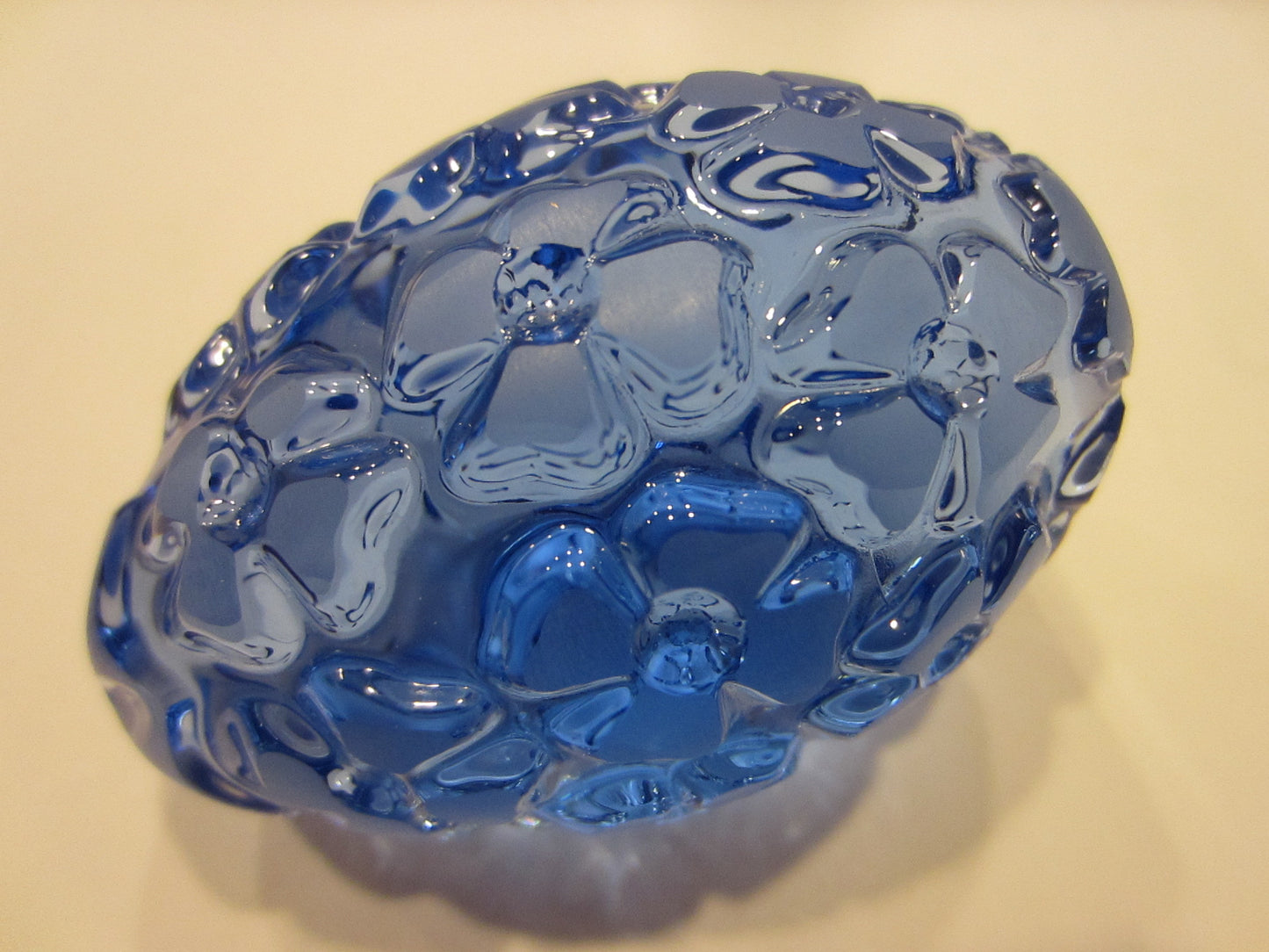 Blue Glass Egg Paperweight Blooming Carved Flowers - Designer Unique Finds 