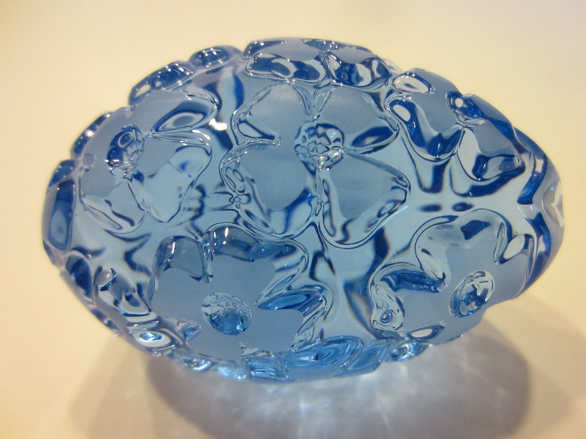 Blue Glass Egg Paperweight Blooming Carved Flowers - Designer Unique Finds 