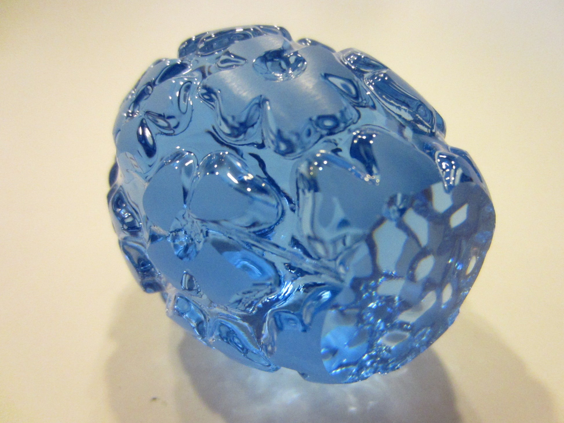 Blue Glass Egg Paperweight Blooming Carved Flowers - Designer Unique Finds 