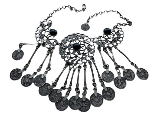 Mid Eastern Style Filigree Black Cabochons Coin Statement Bib Necklace