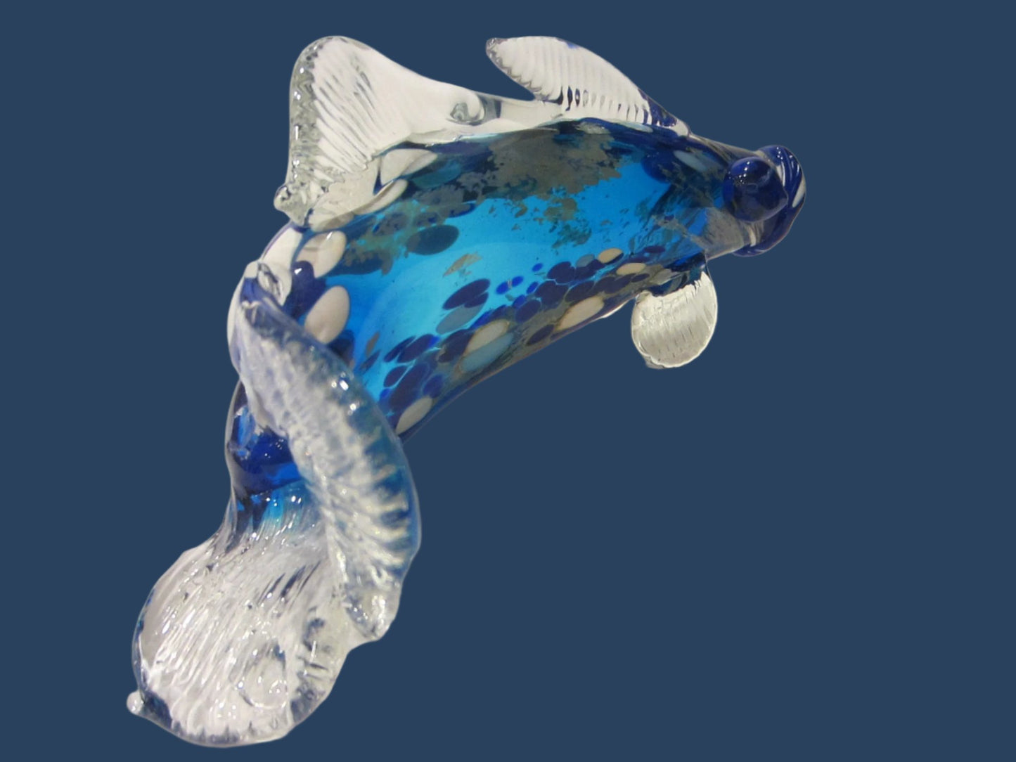 Behrotock Iridescent Mouth Blown Blue Glass Fish Sculpture Signed Dated - Designer Unique Finds 