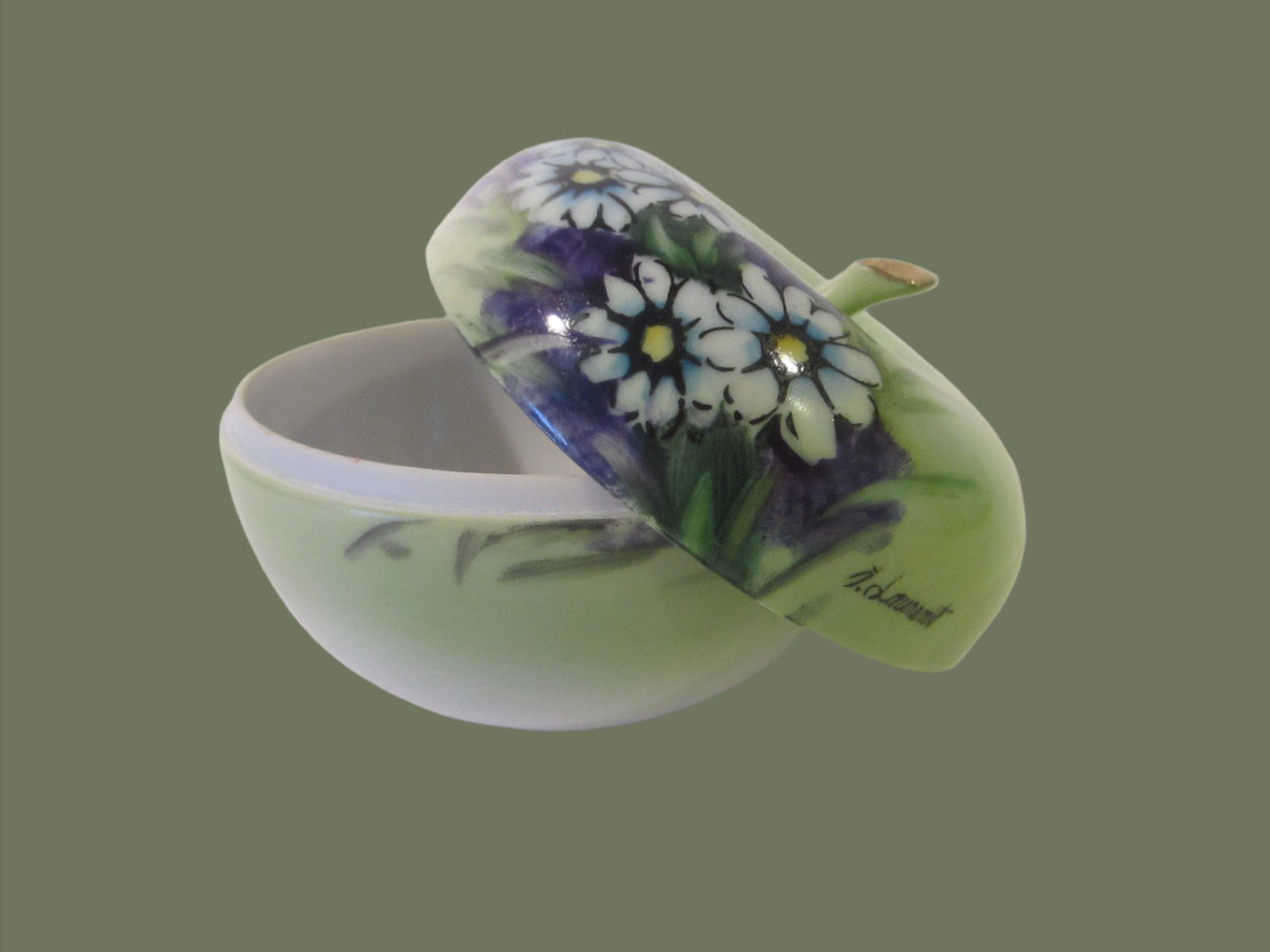 Fine China Green Apple Box Hand Painted Floral Artist Singed Original Arnartcreation - Designer Unique Finds 