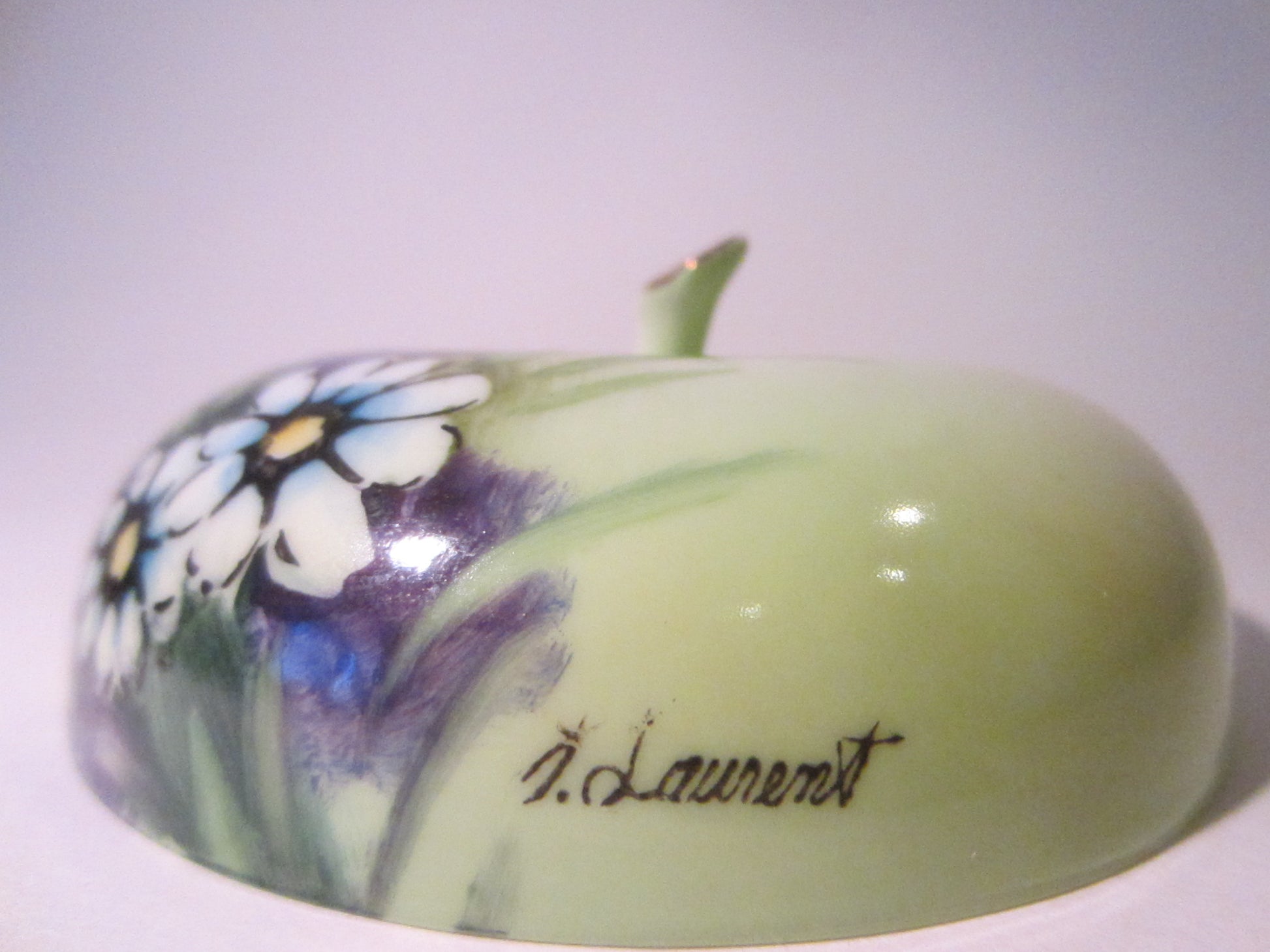 Fine China Green Apple Box Hand Painted Floral Artist Singed Original Arnartcreation - Designer Unique Finds 