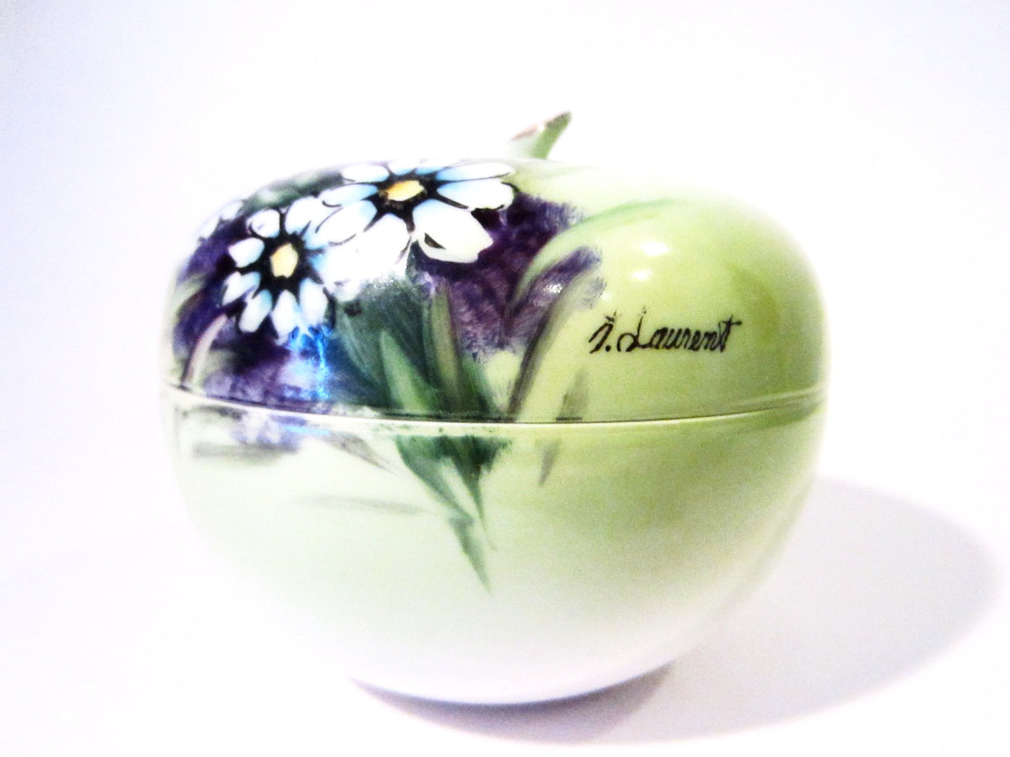 Fine China Green Apple Box Hand Painted Floral Artist Singed Original Arnartcreation - Designer Unique Finds 