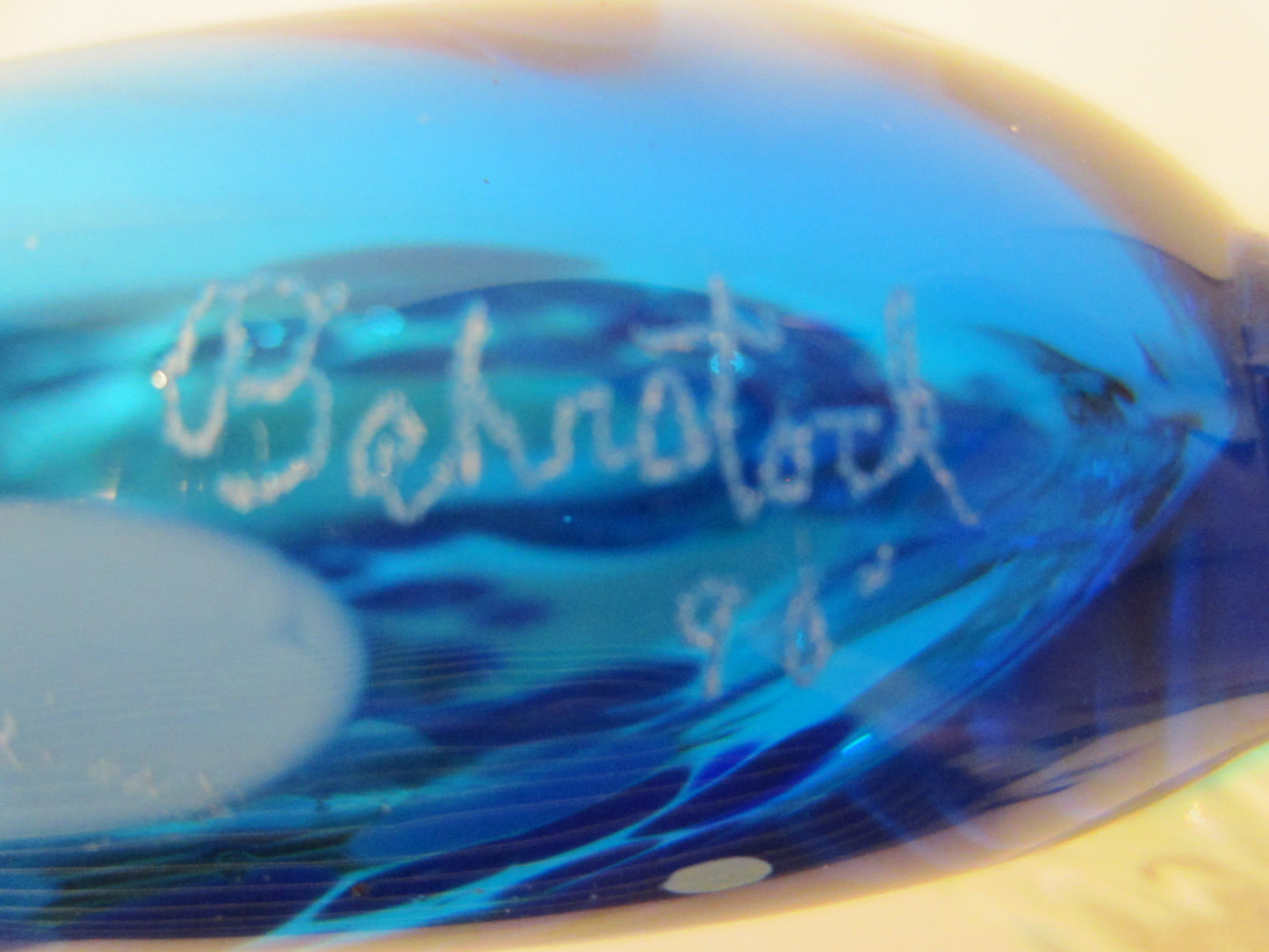 Behrotock Iridescent Mouth Blown Blue Glass Fish Sculpture Signed Dated - Designer Unique Finds 