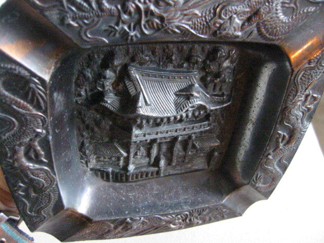 Occupied Japan Metal Ashtray Dragon Decoration Asian Monument - Designer Unique Finds 