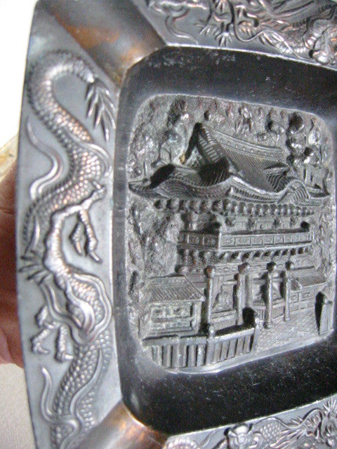 Occupied Japan Metal Ashtray Dragon Decoration Asian Monument - Designer Unique Finds 