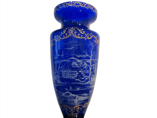 Snow Painted Cobalt Blue Glass Vase Gold Scrolled Relief Oriental Scene - Designer Unique Finds 