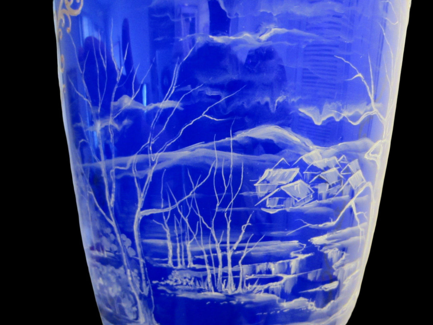 Snow Painted Cobalt Blue Glass Vase Gold Scrolled Relief Oriental Scene - Designer Unique Finds 