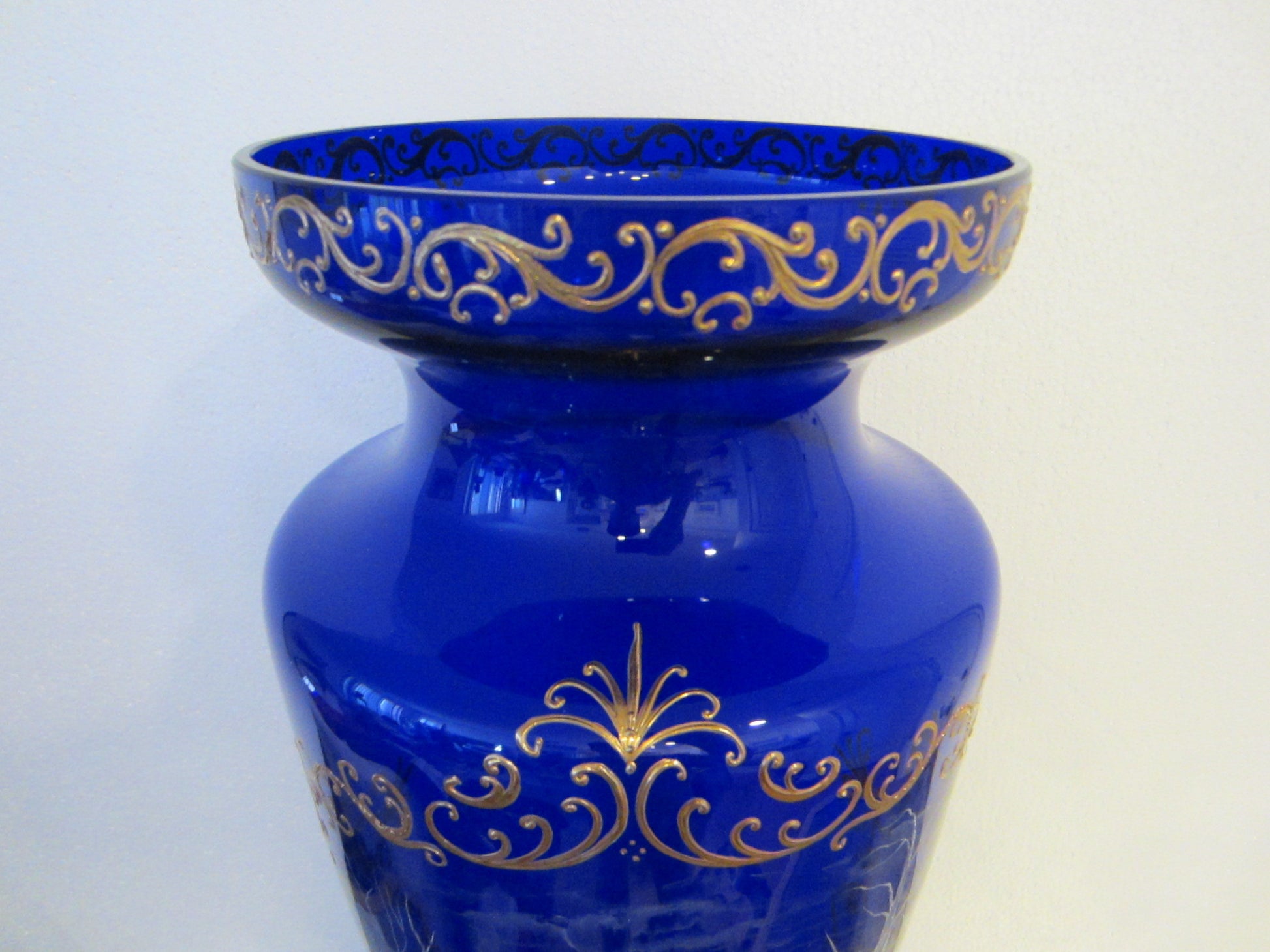 Snow Painted Cobalt Blue Glass Vase Gold Scrolled Relief Oriental Scene - Designer Unique Finds 