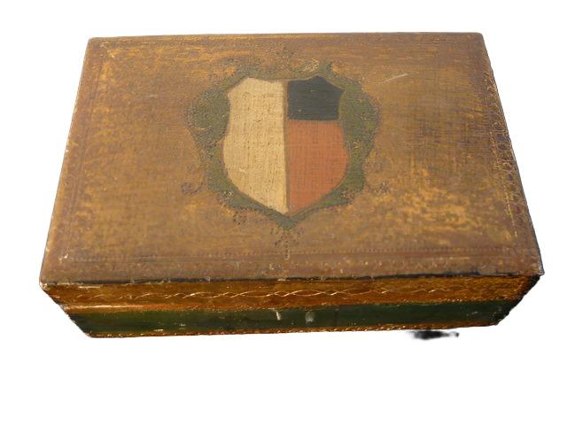 Florentine Jewelry Box Art Deco Decorated Crest Shield Textile Lined - Designer Unique Finds 
 - 1