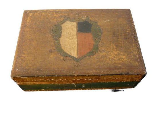 Florentine Jewelry Box Art Deco Decorated Crest Shield Textile Lined - Designer Unique Finds 
 - 1