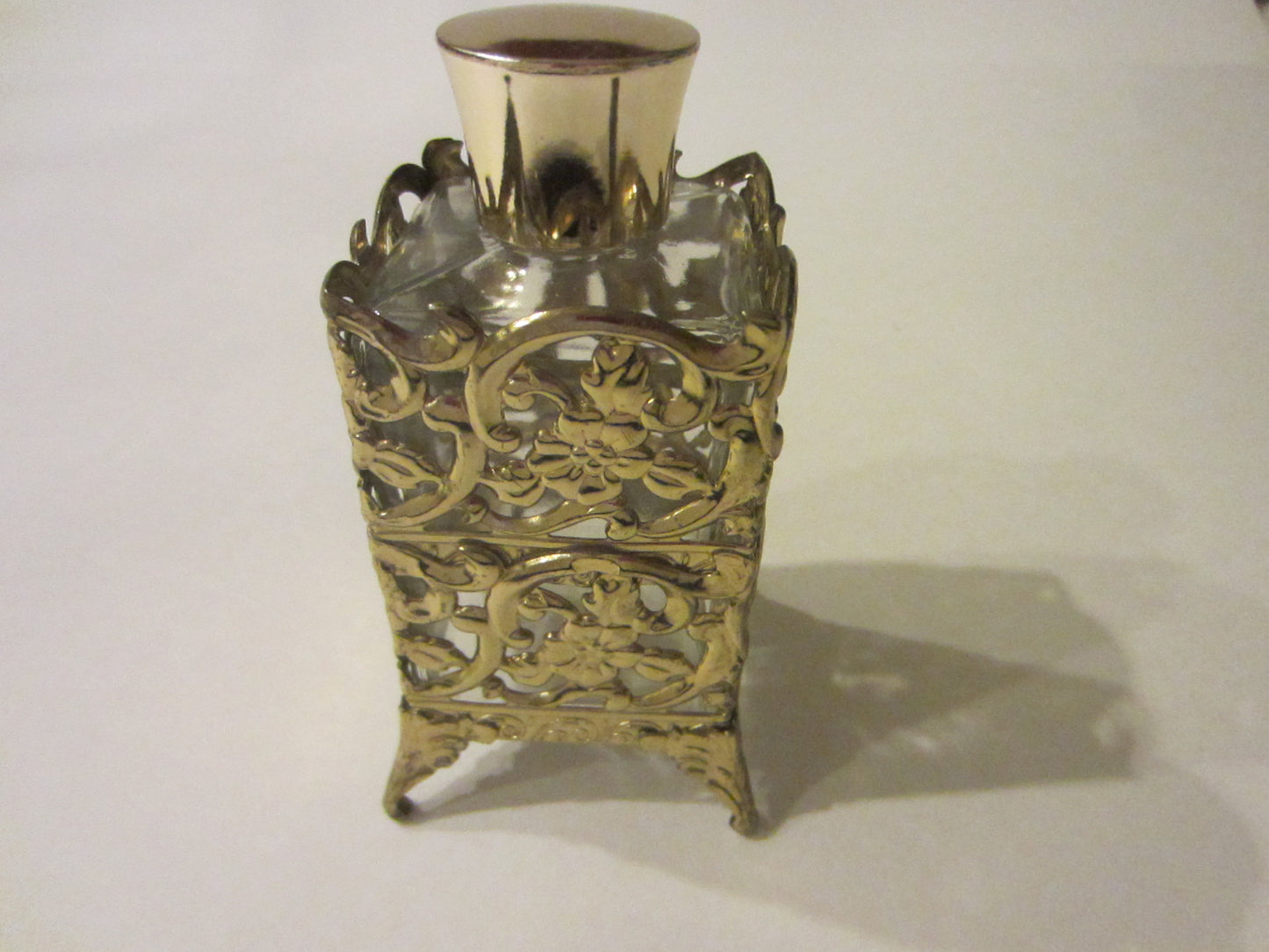 Brass Overlay Footed Filigree Glass Perfume Bottle Floral Decoration