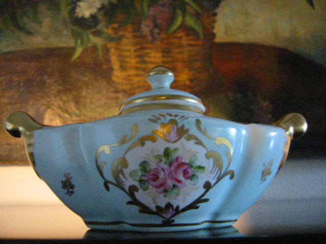 Limoges France Blue Porcelain Lidded Incense Jar Gilt Floral Medallion