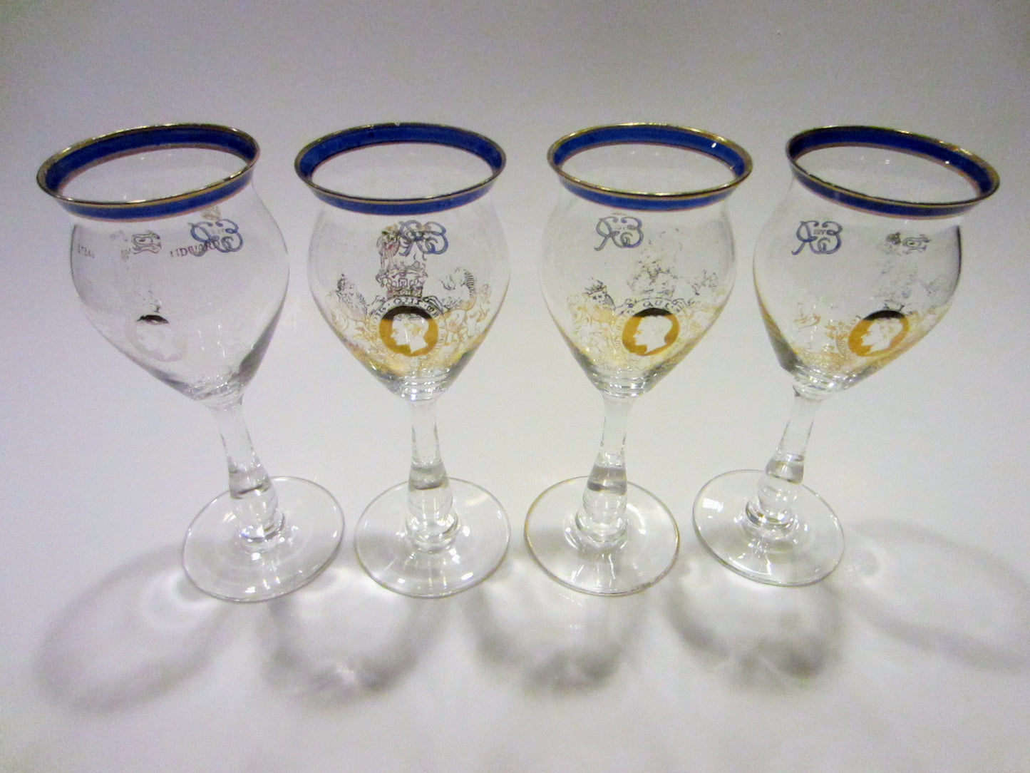 ER VIII King Edward Coronation English 4 Stemware Cordial Wine Goblets Set