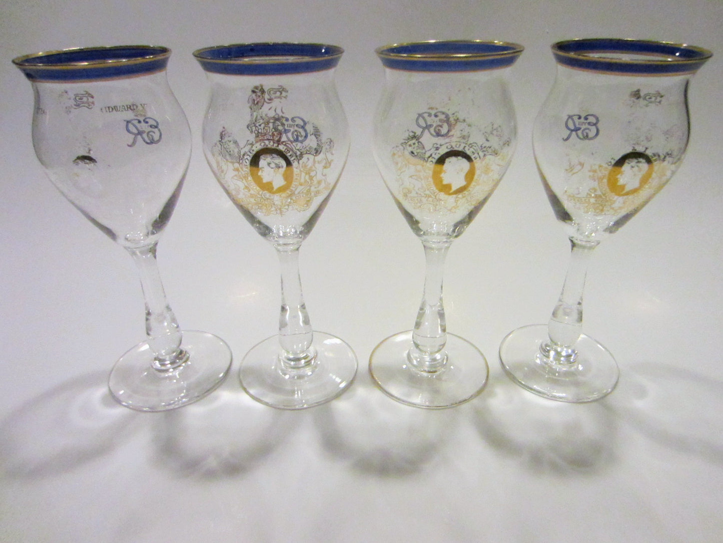 ER VIII King Edward Coronation English 4 Stemware Cordial Wine Goblets Set