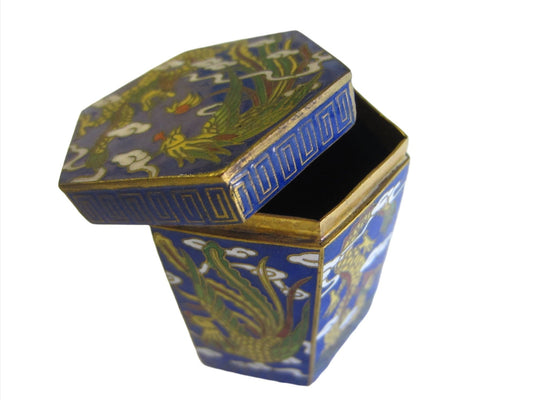 Miniature Cloisonne Dragon Ware Hexagonal Bronze Box Yellow Phoenix - Designer Unique Finds  - 1