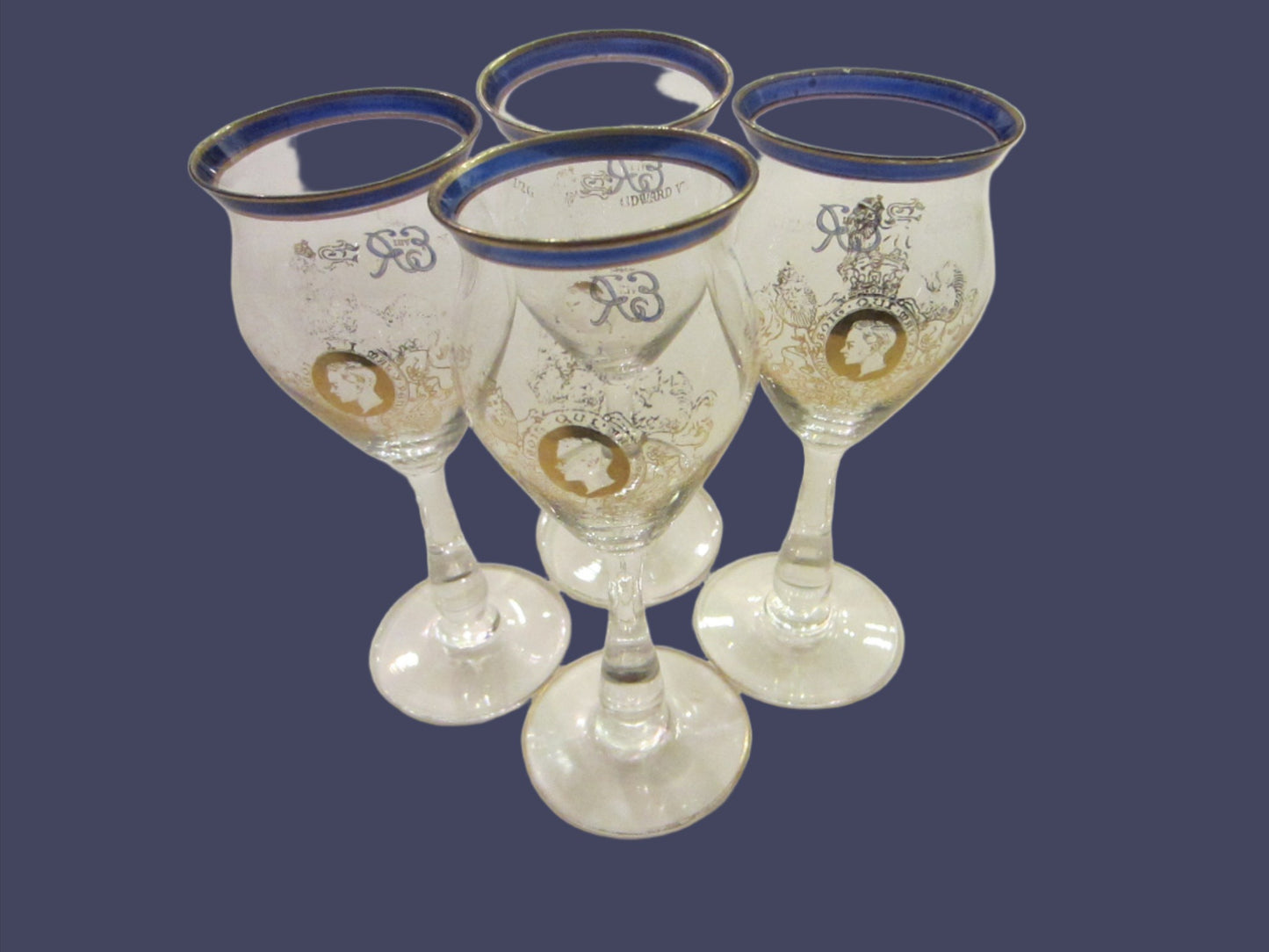 ER VIII King Edward Coronation English 4 Stemware Cordial Wine Goblets Set