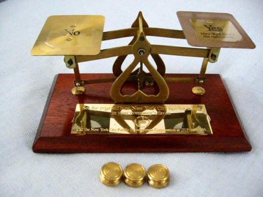 English Mahogany Brass Postal Scale Advertising For New York City PDC - Designer Unique Finds 