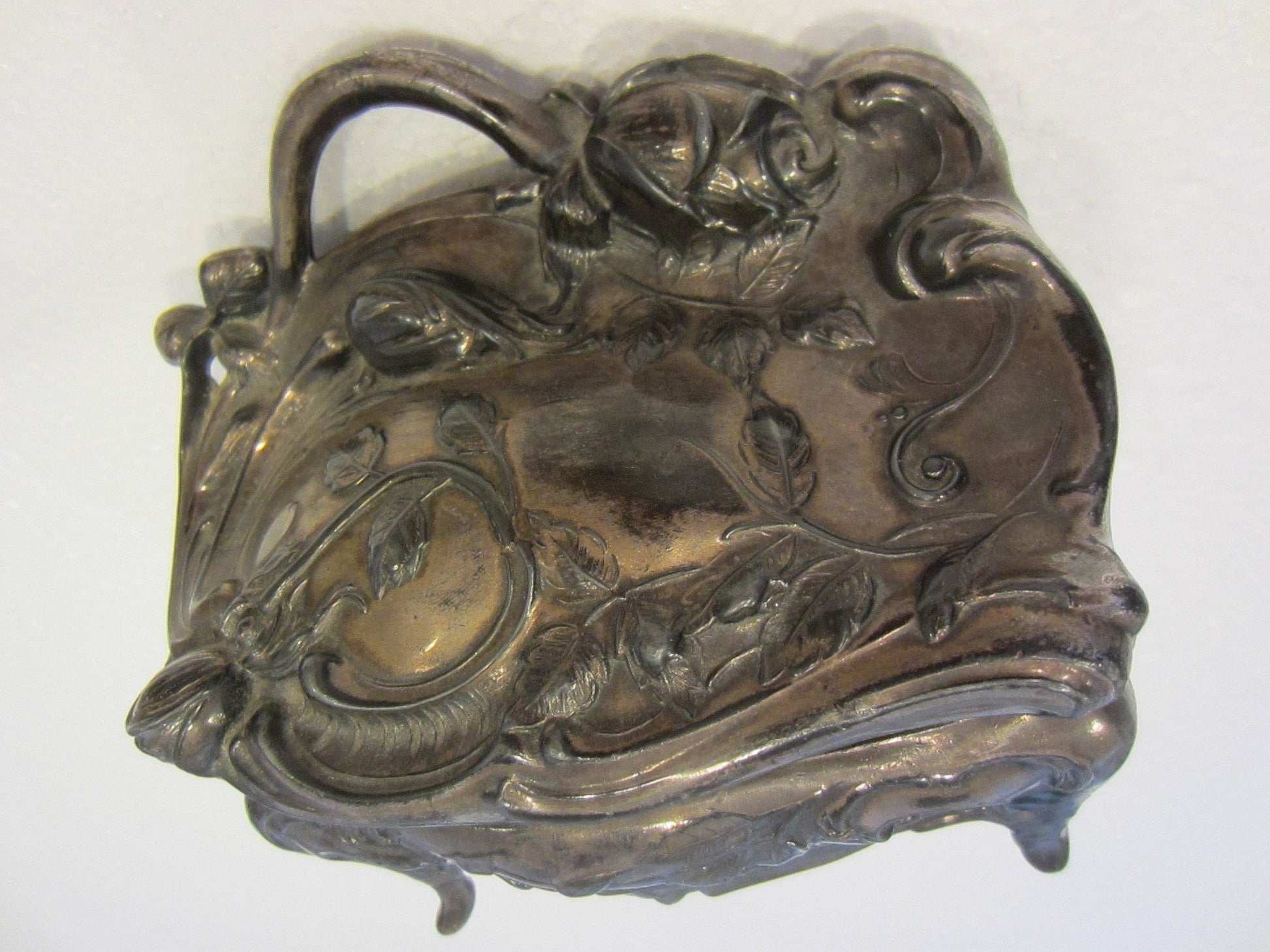 Rose Jewelry Box Art Nouveau White Metal Footed Pink Velvet Interior - Designer Unique Finds 
 - 5