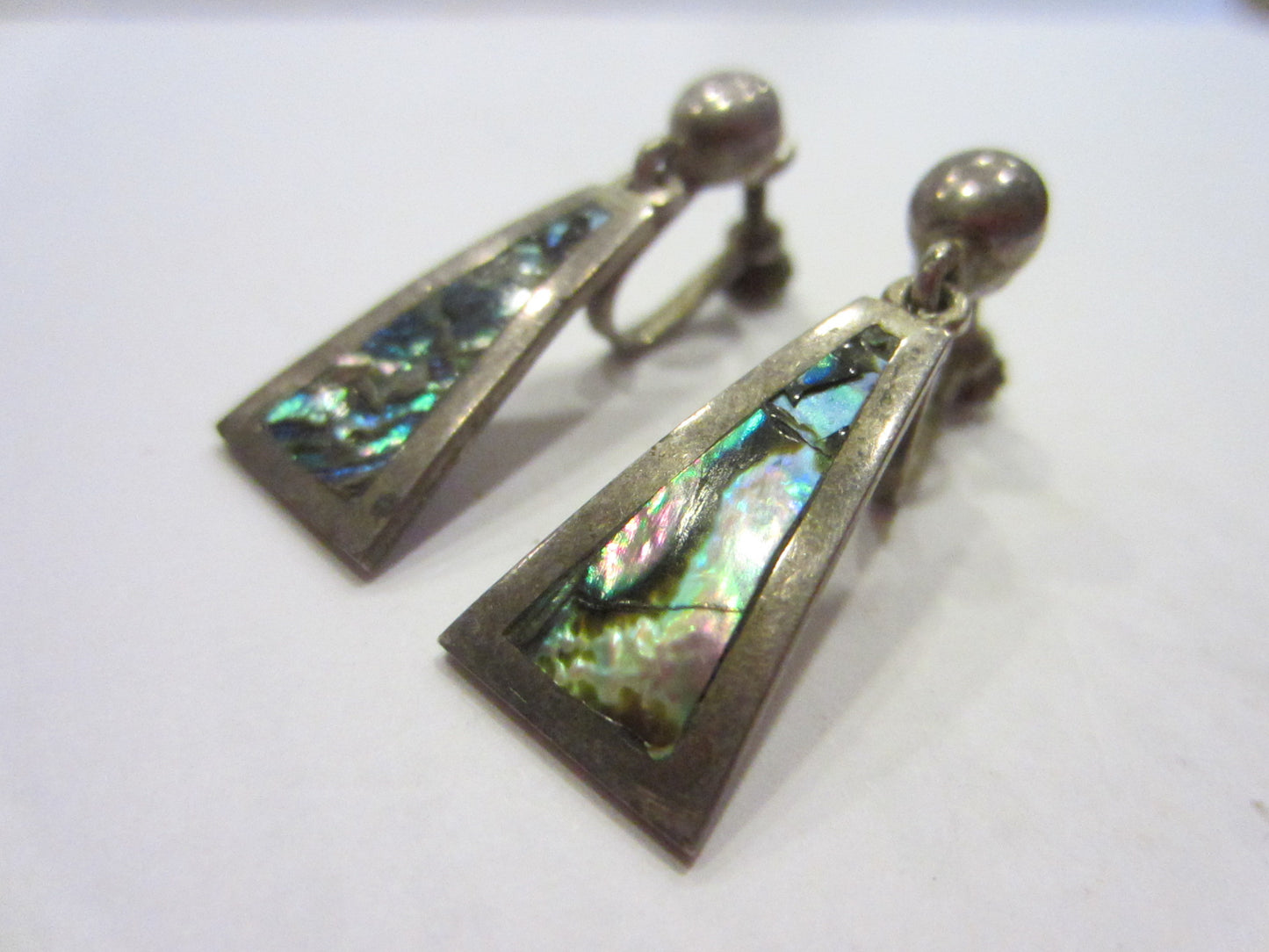 Sterling Alpaca Silver Earrings Screw Back Marked Decorated Abalone - Designer Unique Finds 