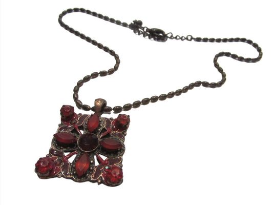 Mid Century Red Glass Filigree Enameled Pendant Copper Chain - Designer Unique Finds 