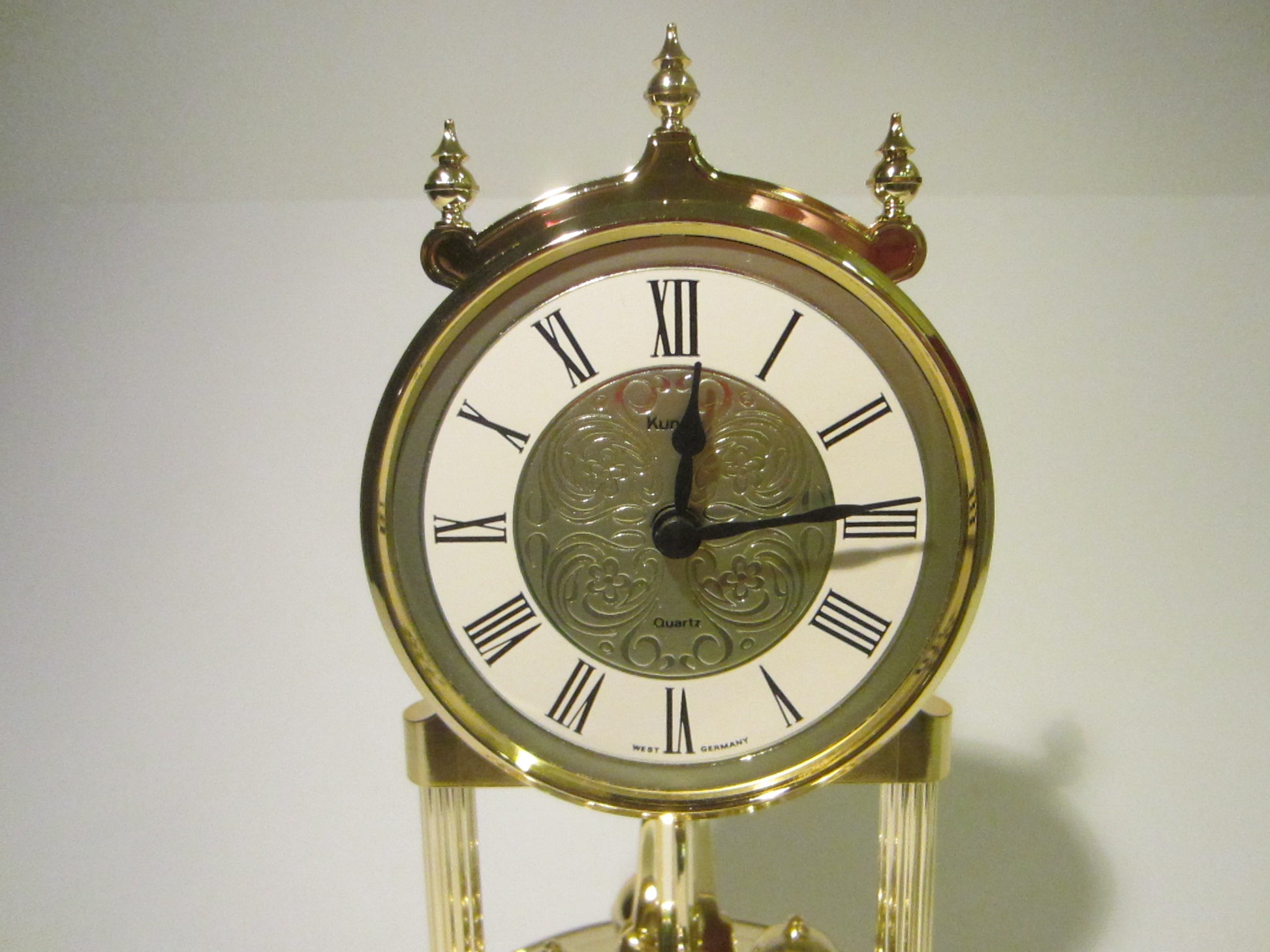 Kundo West Germany Anniversary Mantle Clock Glass Dome Brass Pendulum - Designer Unique Finds 