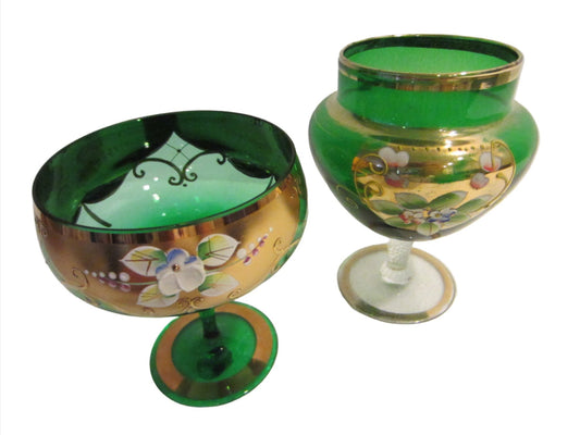 Bohemia Crystal Green Stem Bowls Gold Painted Porcelain Flowers Czech Republic - Designer Unique Finds 