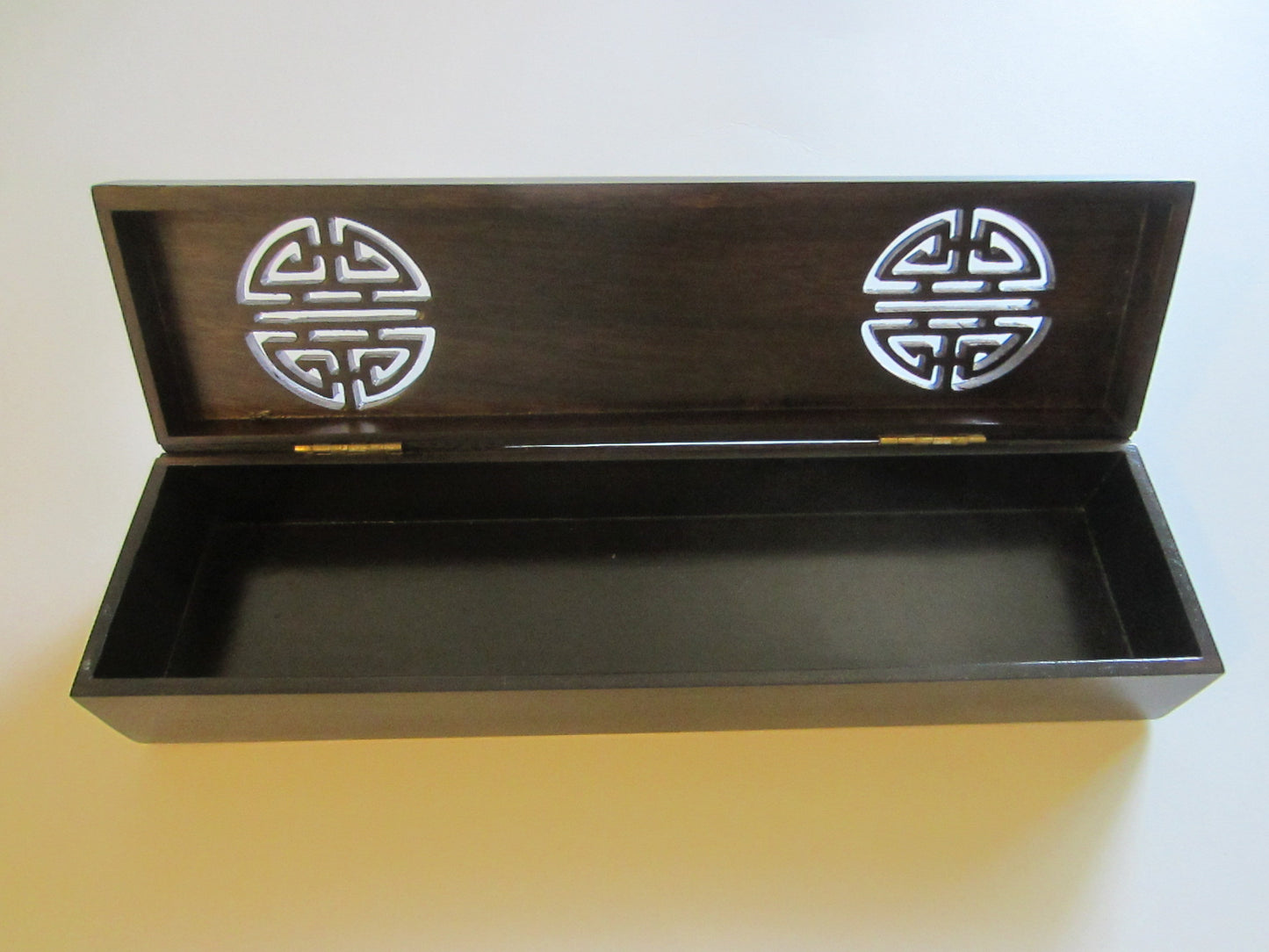 Oriental Celluloid Wood Alike Jewelry Box With Symbols Mother of Pearl Lotus - Designer Unique Finds 