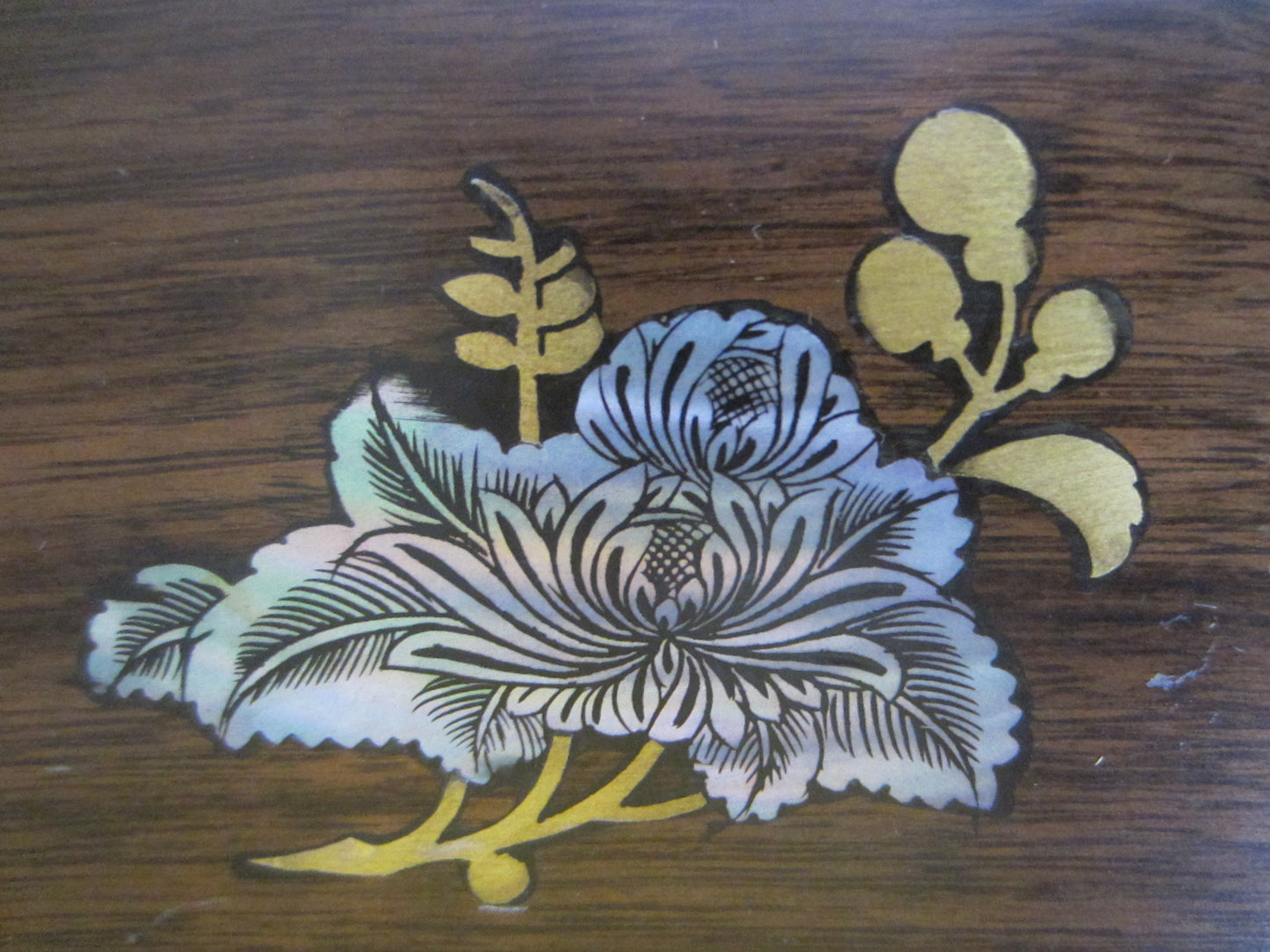 Oriental Celluloid Wood Alike Jewelry Box With Symbols Mother of Pearl Lotus - Designer Unique Finds 