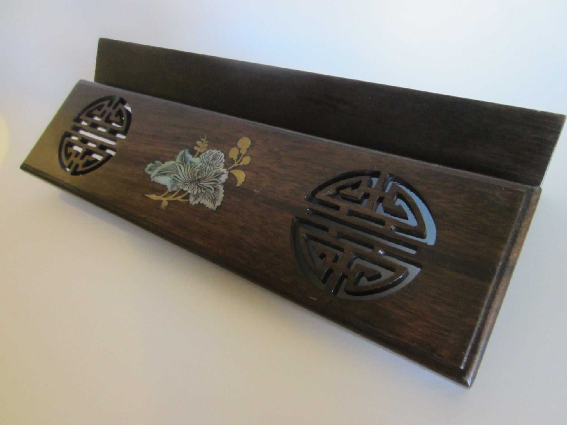 Oriental Celluloid Wood Alike Jewelry Box With Symbols Mother of Pearl Lotus - Designer Unique Finds 