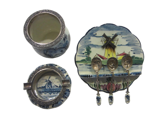 Elesva Delfts Hand Painted Made In Holland Dutch Windmill Ashtray Set