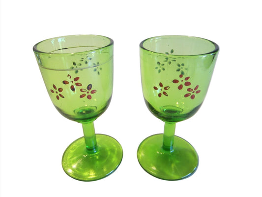 Beaumont Style Cordial Stemware Cherry Glass Painted Flowers In Pair - Designer Unique Finds 