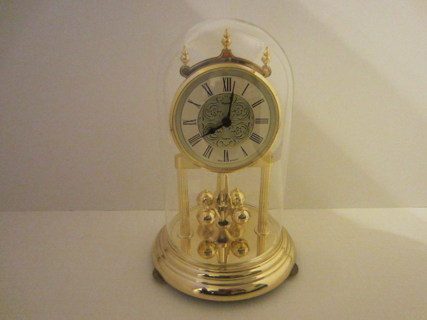 Kundo West Germany Anniversary Mantle Clock Glass Dome Brass Pendulum - Designer Unique Finds 