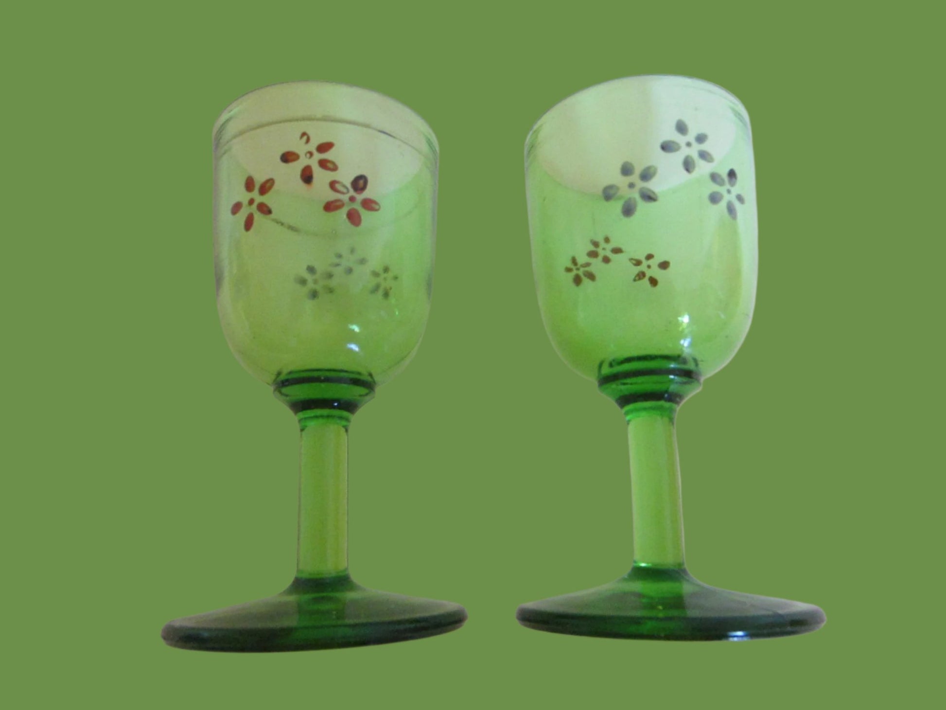 Beaumont Style Cordial Stemware Cherry Glass Painted Flowers In Pair - Designer Unique Finds 