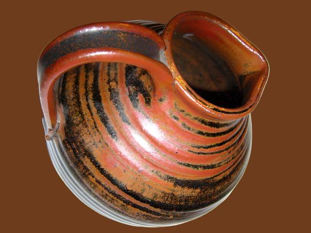 Ceramic Vase With Handle Artist Signature Red Glaze - Designer Unique Finds 