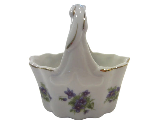 Lefton White Porcelain Mini Basket Violet Flowers Medallions