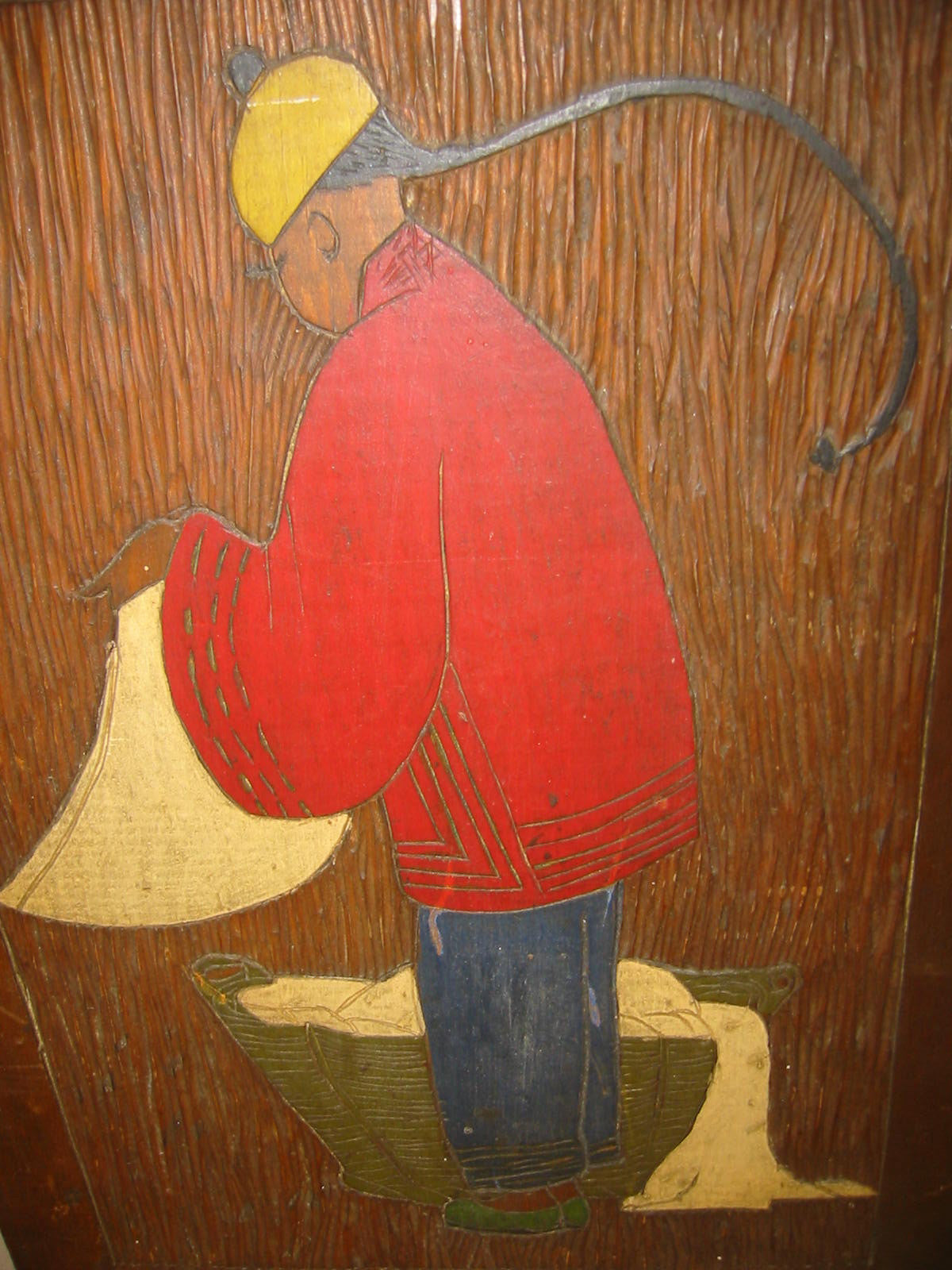 Chinese Launder Man Hand Colored Etched Wood Folk Art Wall Decor - Designer Unique Finds 
 - 5