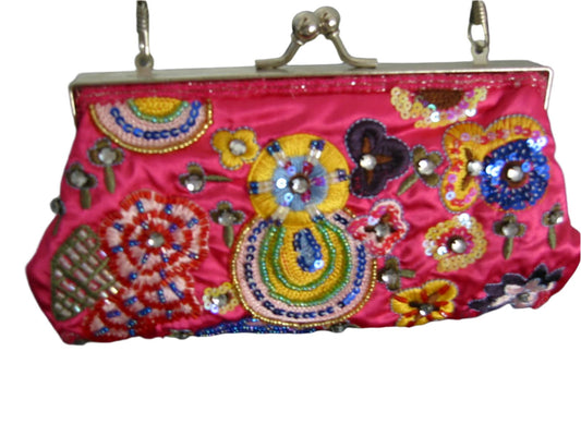 Sequined Pink Silk Clutch Designer Purse Hand Made Jeweled Tone - Designer Unique Finds 